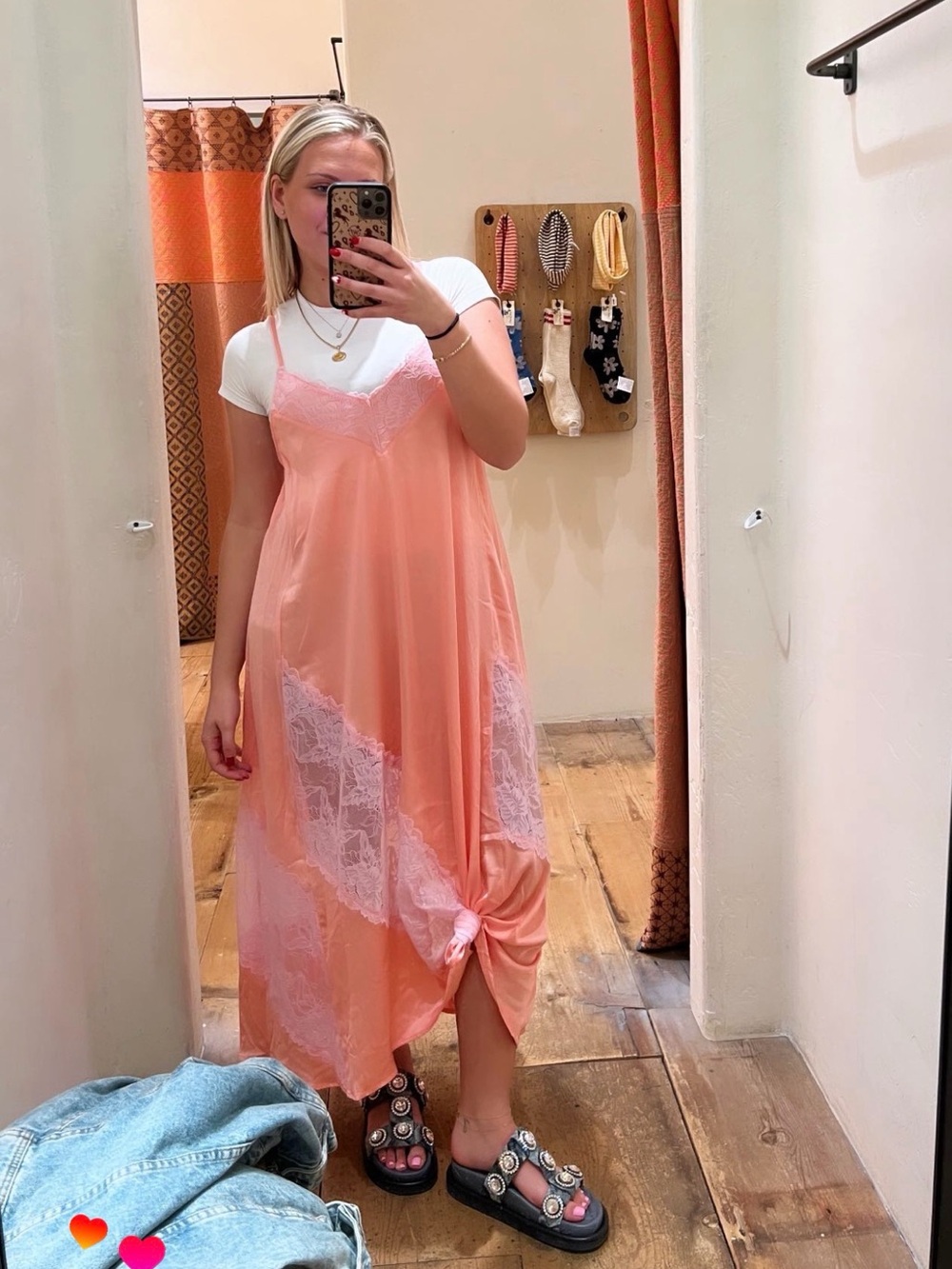 Free People Peach-Pink Lace-Trim Slip Dress